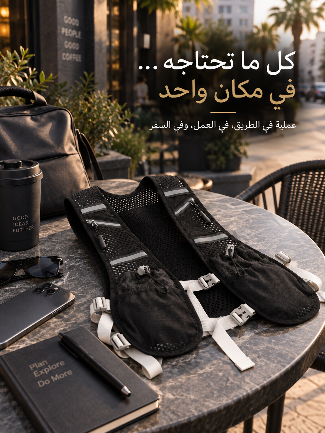 حقيبة مسار على طاولة مقهى بجانب هاتف ونظارات