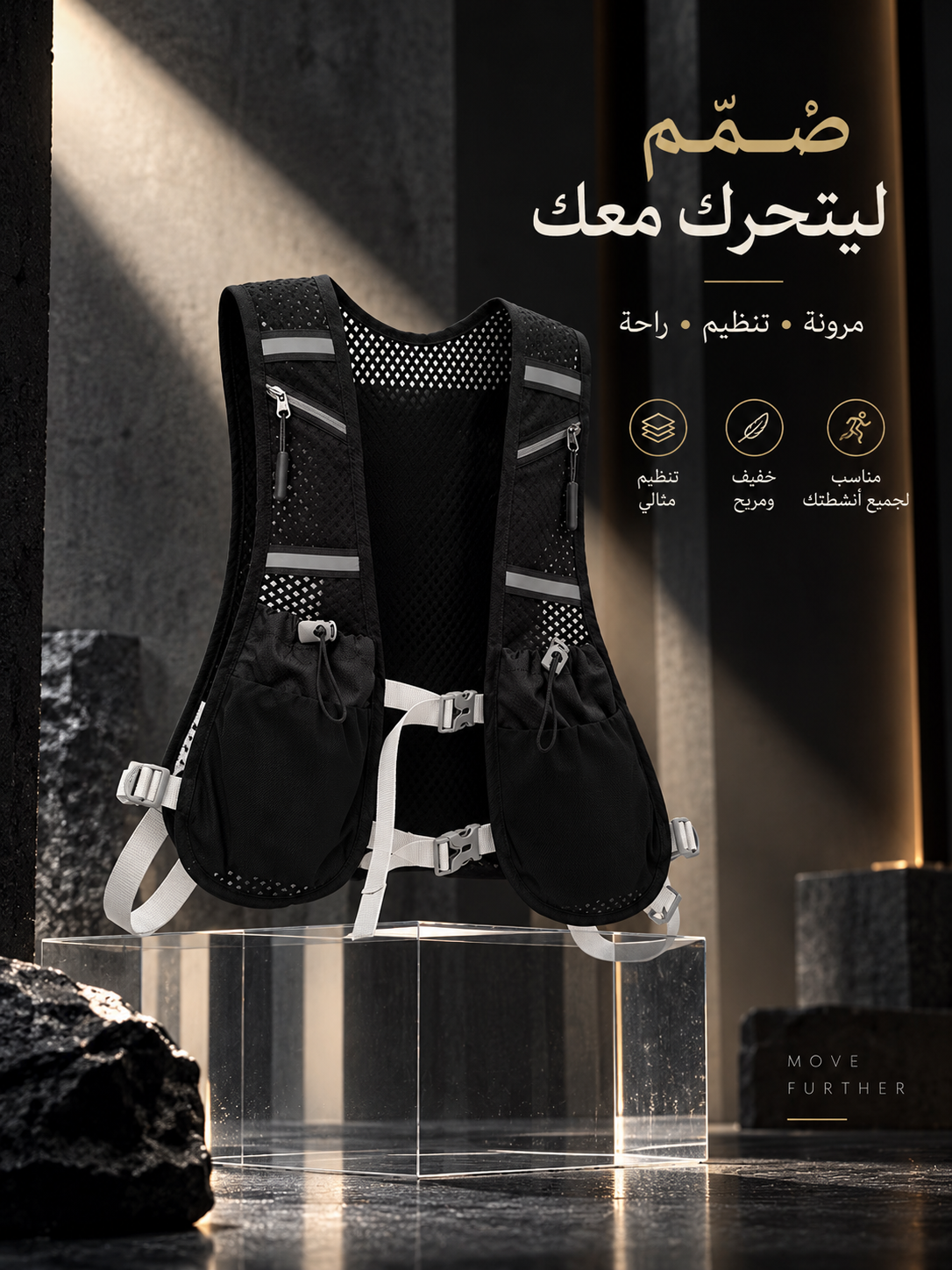 حقيبة مسار موضوعة على قاعدة زجاجية تظهر التصميم الخلفي